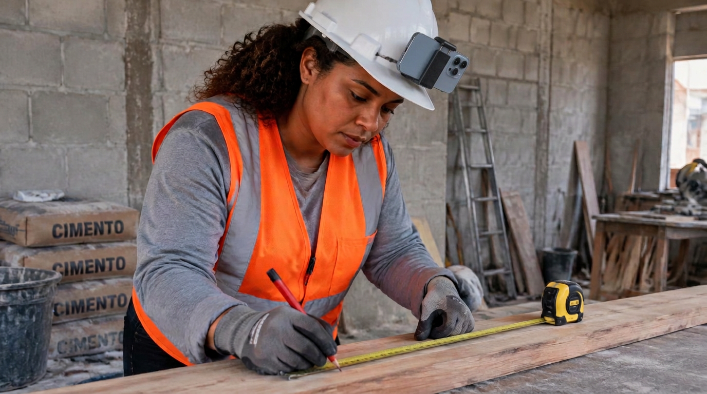 Equipe em atividade real de construção usando suportes de cabeça com celular